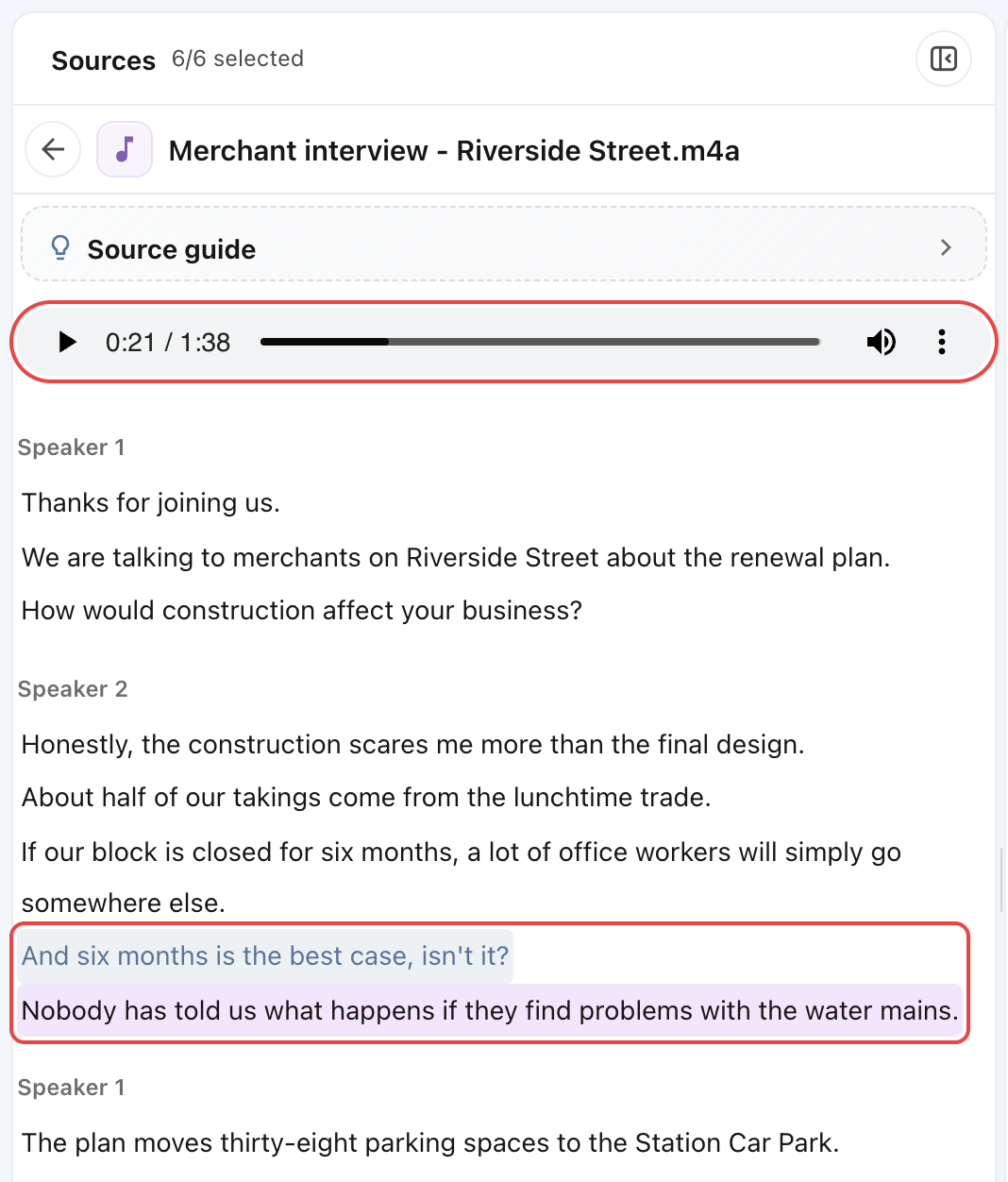 The preview of Merchant interview - Riverside Street.m4a. The player is set to 0:21 / 1:38 and the two cited transcript sentences are highlighted; both are outlined in red.