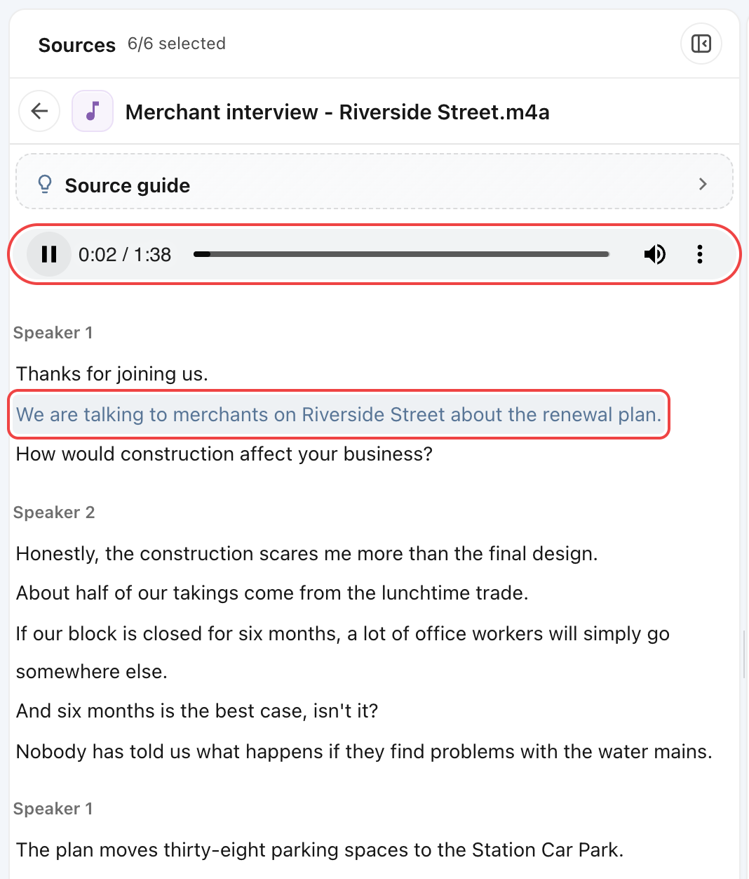 The audio playing at 0:02 with the current sentence highlighted. The player and that sentence are outlined in red.