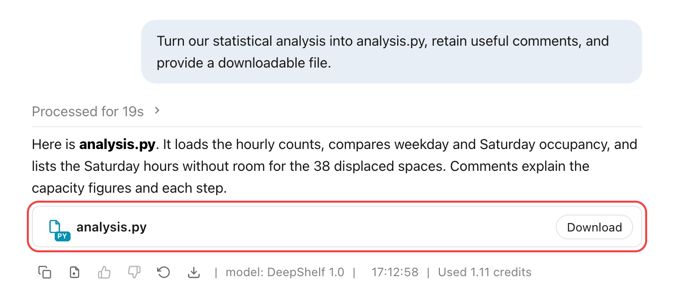 A request for analysis.py and its answer, with the analysis.py file card and Download button below, outlined in red.