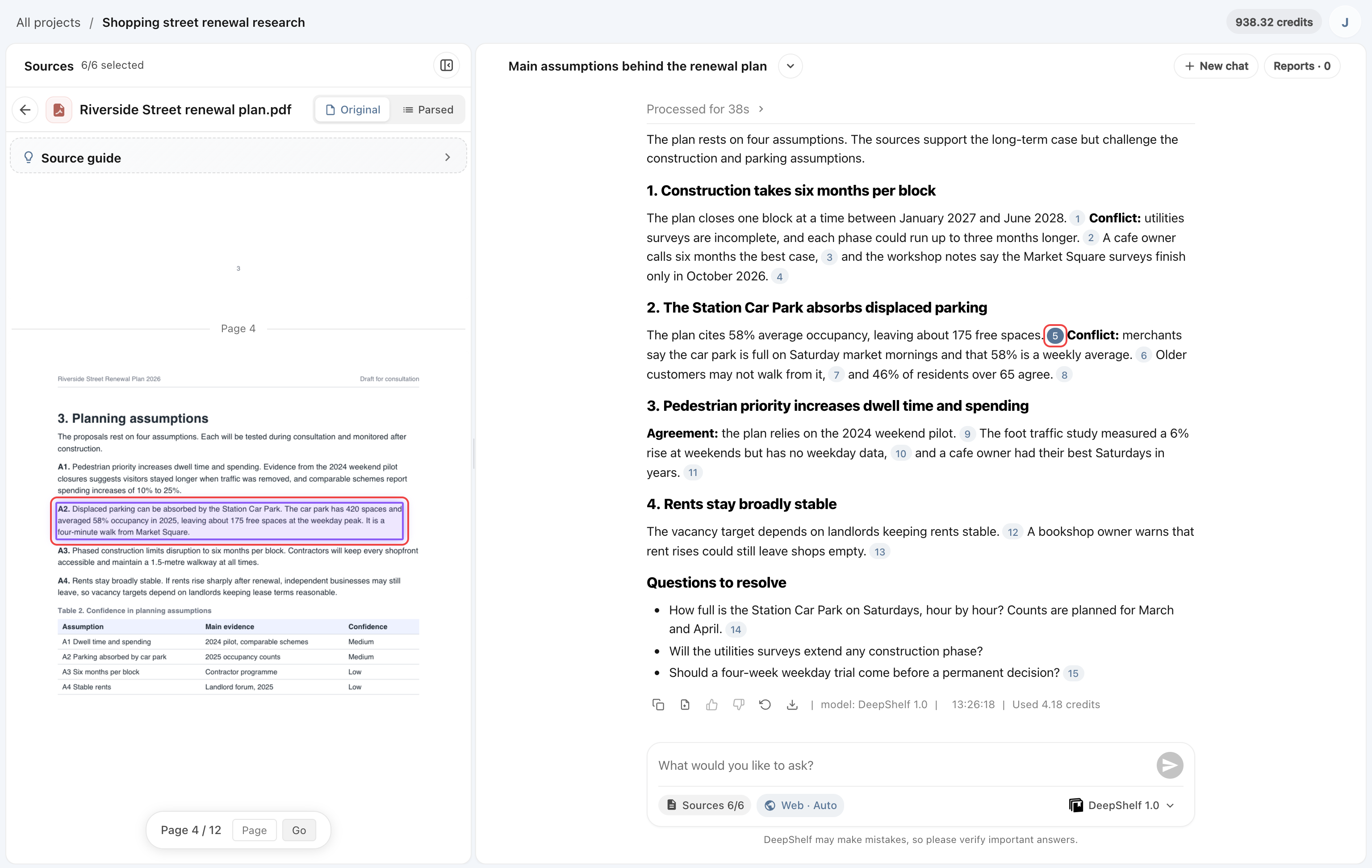 Citation 5 in the answer, outlined in red. On the left, the matching passage on page 4 of the PDF is highlighted in purple and also outlined.