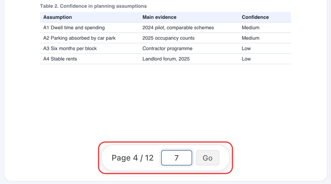 The page bar at the bottom of the PDF preview, outlined in red, showing Page 4 / 12, the number 7 in the page box, and the Go button.