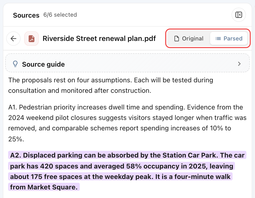 The Original and Parsed buttons at the top of the preview, outlined in red. The Parsed view is shown, with the cited passage highlighted in purple.