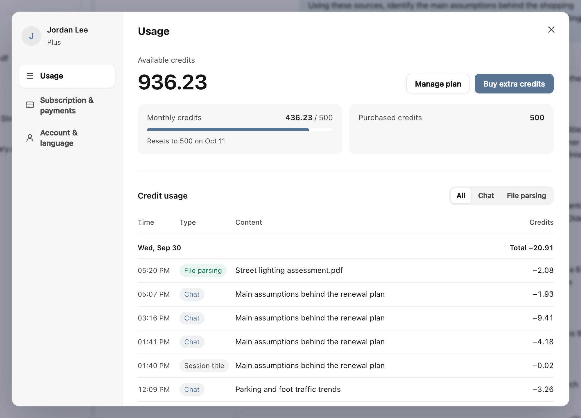 The Usage window: 936.23 available credits, 436.23 / 500 monthly credits, and 500 purchased credits. Below, Credit usage can be filtered by All, Chat, or File parsing and lists file parsing, chat, and session title charges by date.